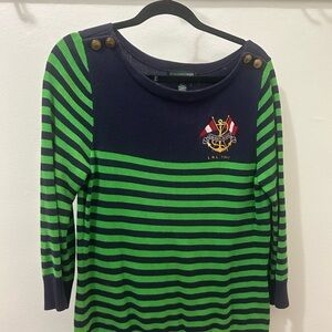 Lauren Ralph Lauren Navy & Green Striped Knit Sweater with Crest